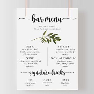 Poster Menu de bar de mariage aux feuilles vertes botaniq