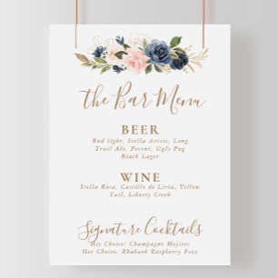 Poster Menu de bar de mariage aux fleurs roses bleues or 