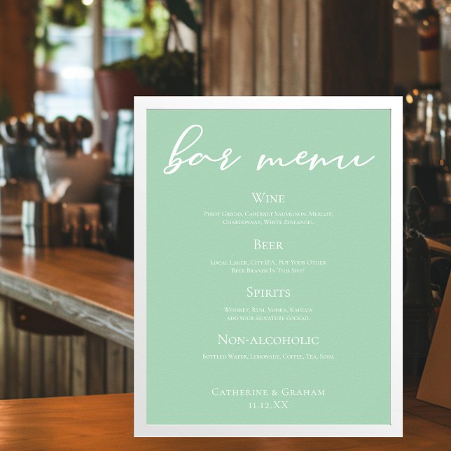 Poster Menu de bar de mariage chic vert menthe typographi (Créateur téléchargé)