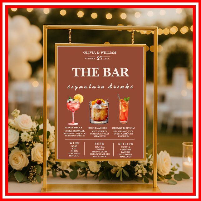 Poster Menu de bar de mariage en terre cuite orange brûlé (Créateur téléchargé)