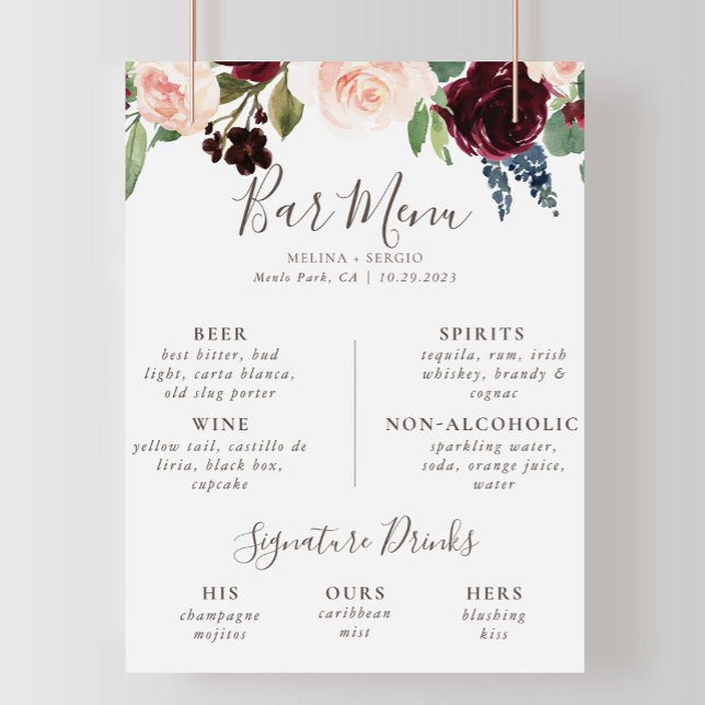 Poster Menu de bar de mariage Fancy Classic Flowers  (Créateur téléchargé)