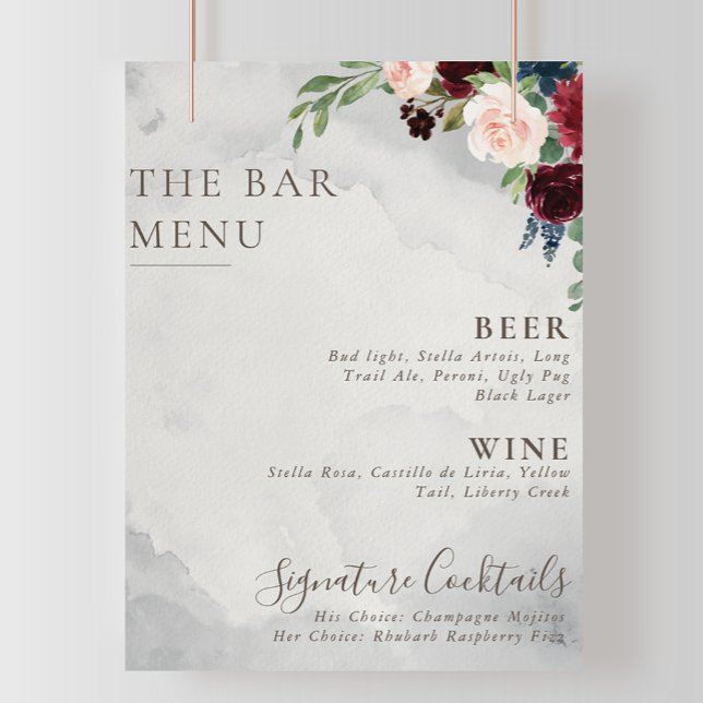 Poster Menu de bar de mariage Fancy Classic Rose Pivoine  (Créateur téléchargé)