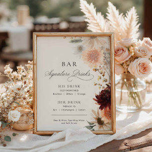 Poster Menu de bar de mariage floral automnal burgundy