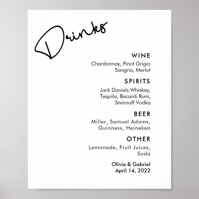 Poster Menu de bar de mariage formel simple noir et blanc (Devant)