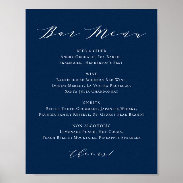 Poster Menu de bar de mariage minimaliste bleu marine (Devant)