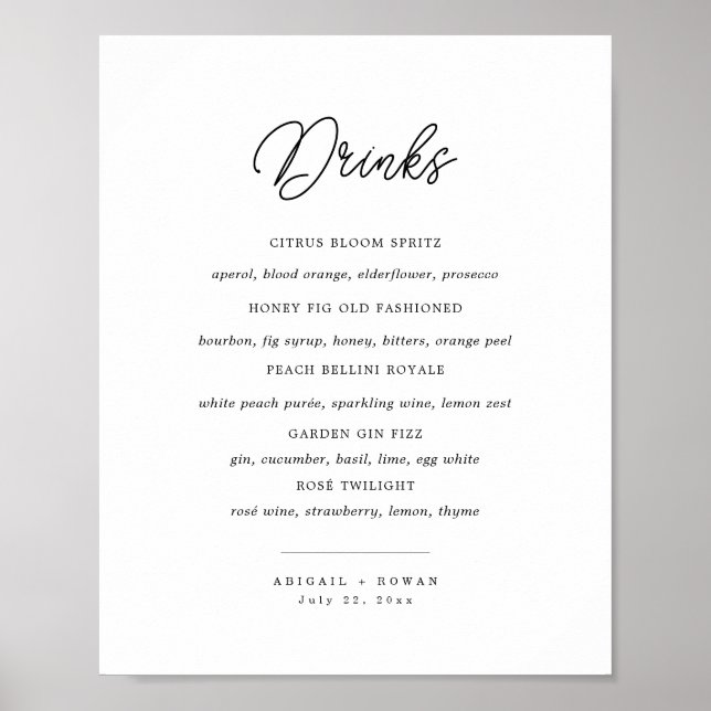 Poster Menu de bar de mariage minimaliste noir et blanc s (Devant)