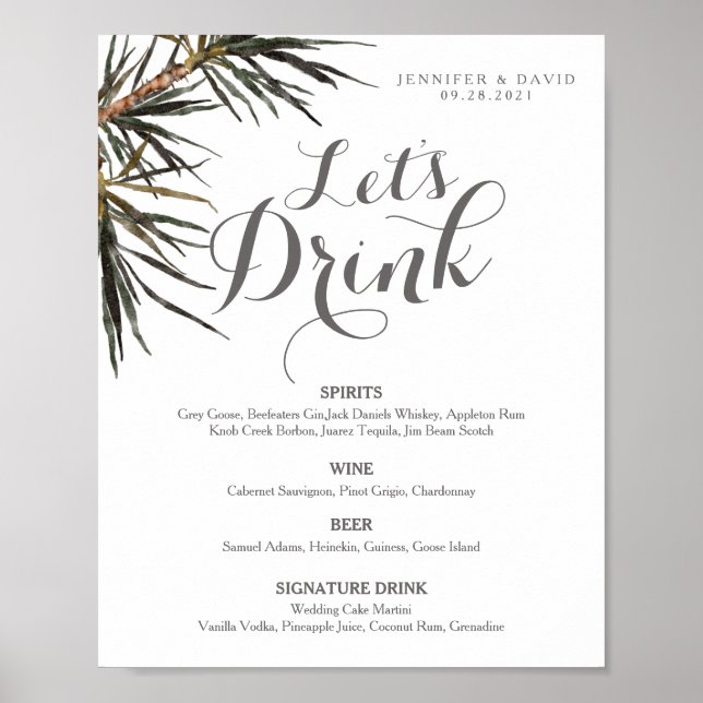 Poster Menu de bar de mariage tropical bohème pancarte af (Devant)