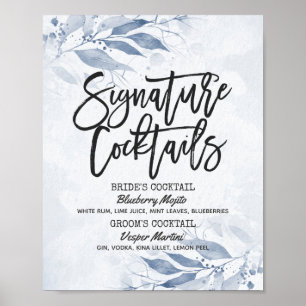 Poster Menu de boisson signature mariage aux feuilles aqu