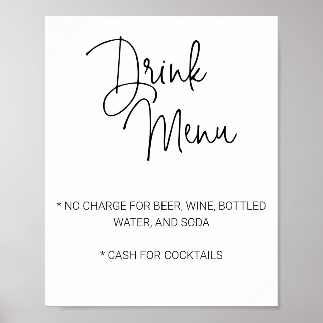 Poster Menu de boissons de bar limité pour mariage écritu (Devant)