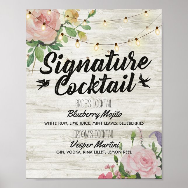 Poster Menu de boissons de cocktail de signature rustique (Devant)