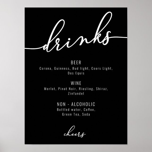 Poster Menu de boissons de fête moderne noir et blanc (Devant)