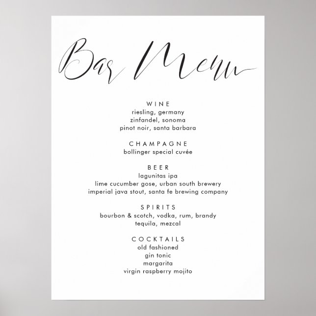 Poster Menu de boissons de mariage à l'écriture calligrap (Devant)