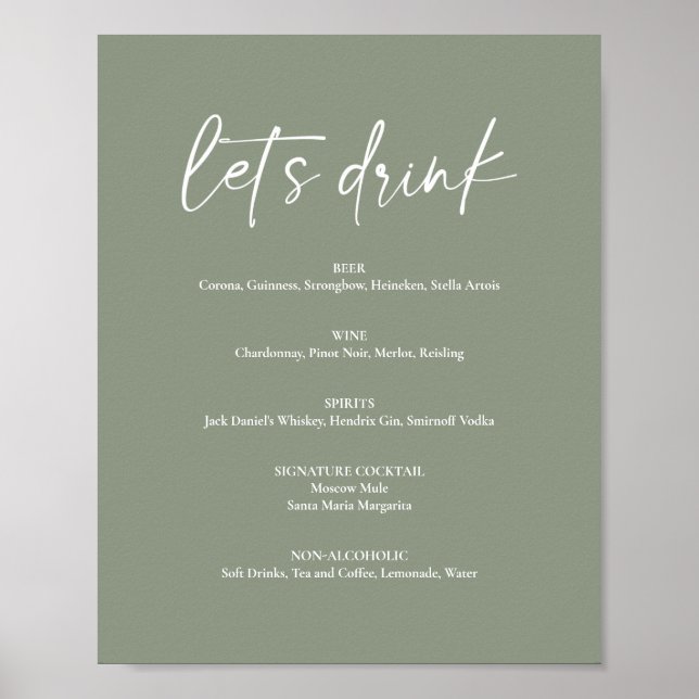 Poster Menu de Boissons de Mariage Bohème Vert Sauge Mini (Devant)
