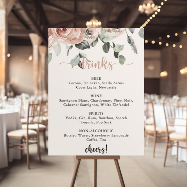 Poster Menu de boissons de mariage classique rose poussié (Créateur téléchargé)