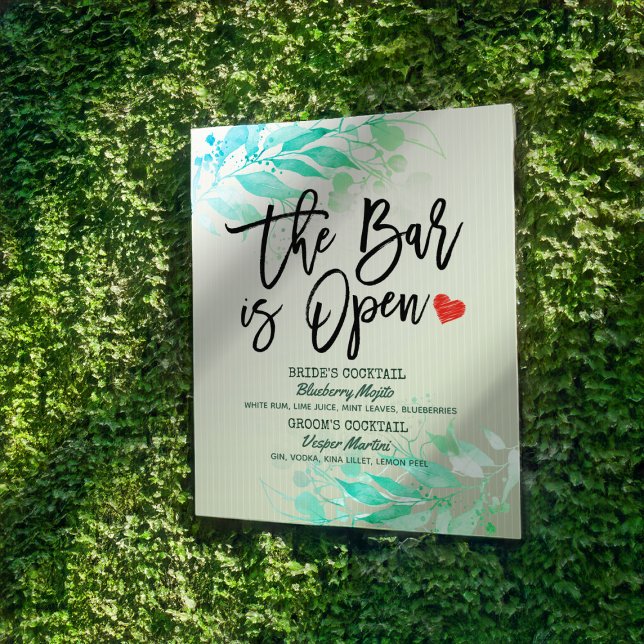 Poster Menu de Boissons de Mariage Feuilles Vertes Le Bar (Créateur téléchargé)