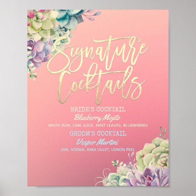 Poster Menu de boissons de signature de mariage Succulent (Devant)