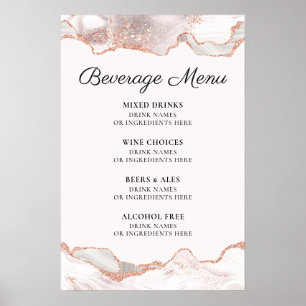 Poster Menu de boissons en agate blanche or rose pailleté
