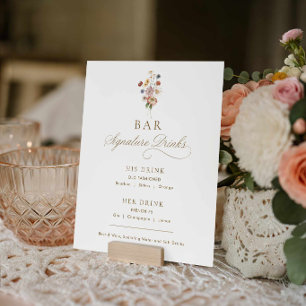Poster Menu de boissons signatures pour mariage aux fleur