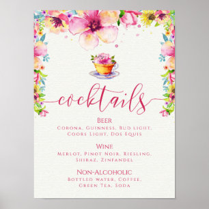Poster Menu de cocktails pour un tea‑party floral rose