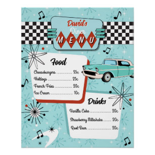 Poster Menu de diner rétro des années 1950