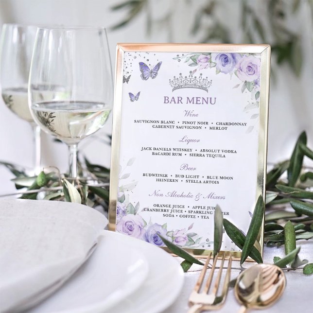 Poster Menu de la barre de la Quinceañera Floral Lavande  (Créateur téléchargé)