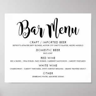 Poster Menu de la barre de Mariage de script noir moderne