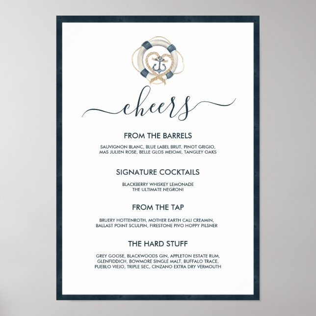 Poster Menu de la barre de Mariage marine et blanche (Devant)