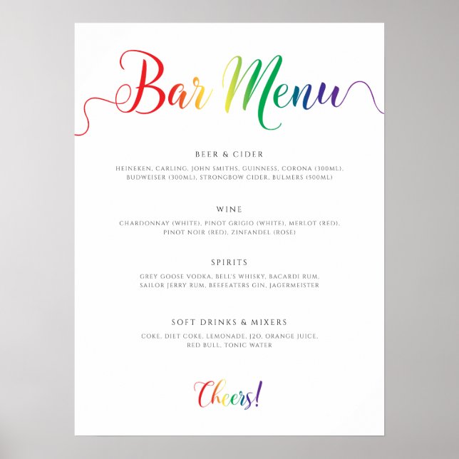 Poster Menu de la barre de Mariages Rainbow (Devant)