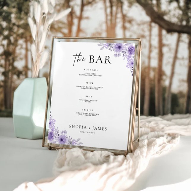 Poster Menu de la barre de Mariages violet - Modèle de co (Purple Wedding Bar Menu Sign Template)