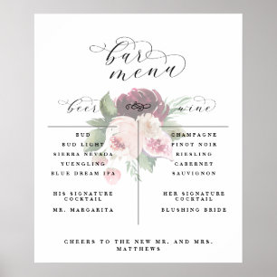 Poster Menu de la barre florale Adore Liste de vin de biè