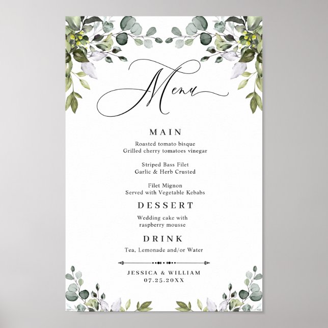 Poster Menu de mariage avec verdure d'eucalyptus (Devant)