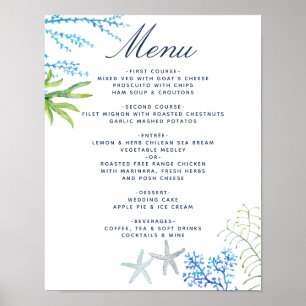 Poster Menu de mariage de plage aux algues à l'aquarelle