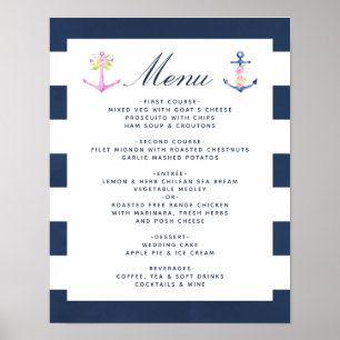 Poster Menu de mariage floral nautique à l'aquarelle
