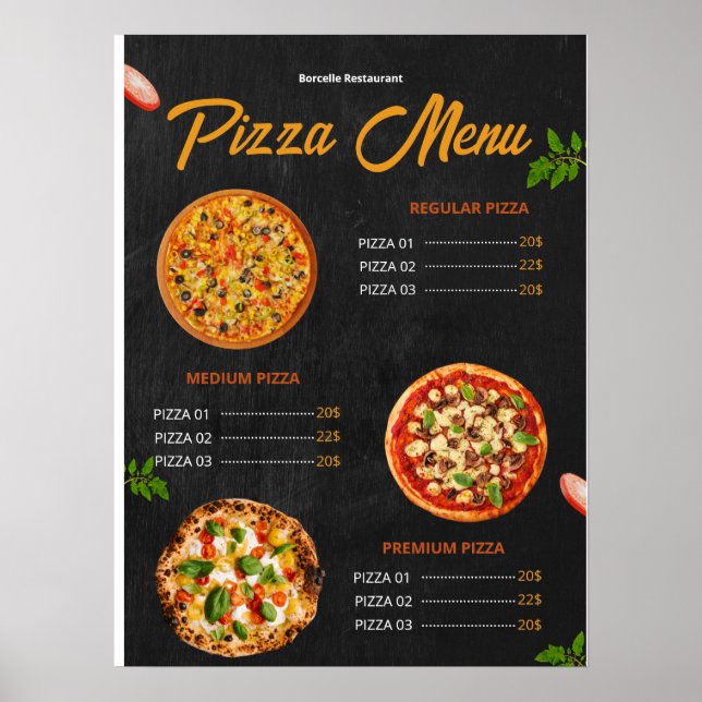Poster Menu de pizza éditable Pizzaria Menu de restaurant (Devant)