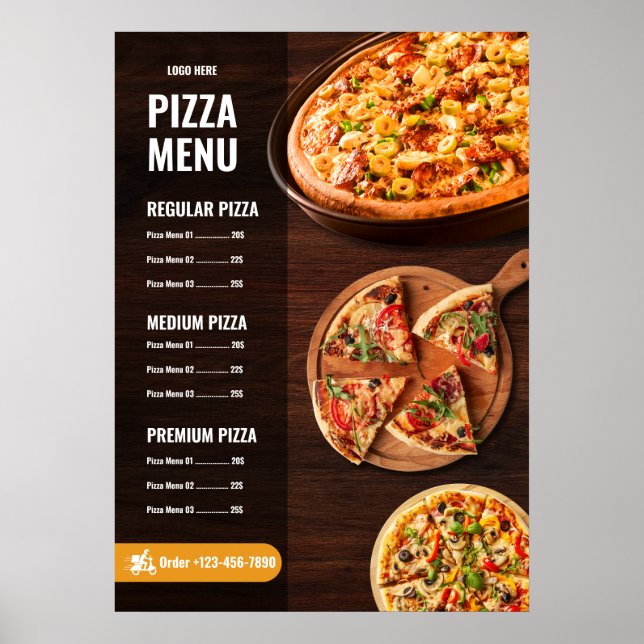 Poster Menu de pizza éditable pizzeria Menu de restaurant (Devant)