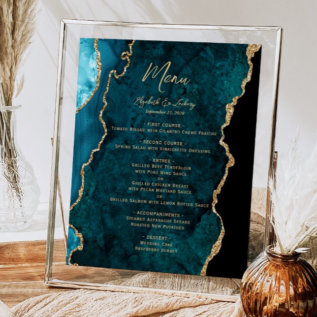 Poster Menu de table de mariage en agate bleu sarcelle or (Créateur téléchargé)