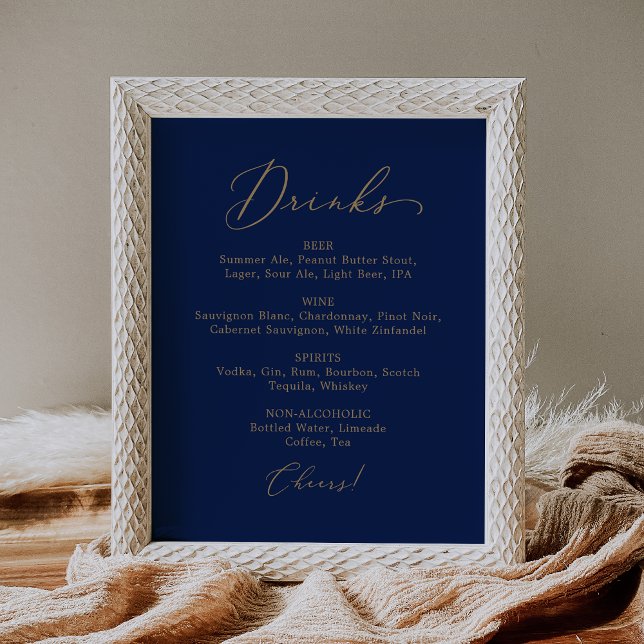 Poster Menu Délicat Gold and Navy Mariage Drink (Créateur téléchargé)