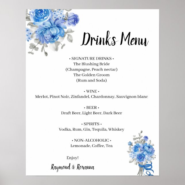 Poster Menu des boissons aux fleurs bleues Panneau de mar (Devant)