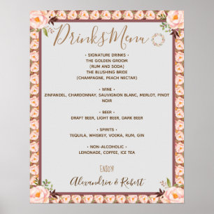 Poster Menu des Boissons Cadre Floral Rose Mariage Pannea