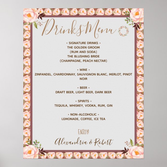 Poster Menu des boissons cadre floral rose panneau de mar (Devant)
