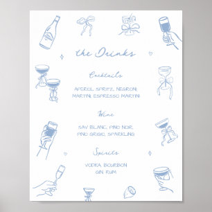 Poster Menu des boissons de bar de mariage bleu poussiére