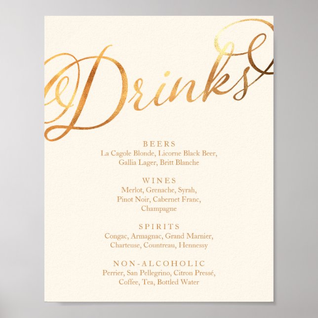 Poster Menu des boissons de mariage à la calligraphie dor (Devant)