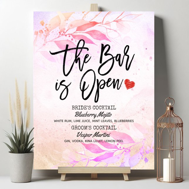 Poster Menu des boissons de mariage à la feuille d'aquare (Créateur téléchargé)
