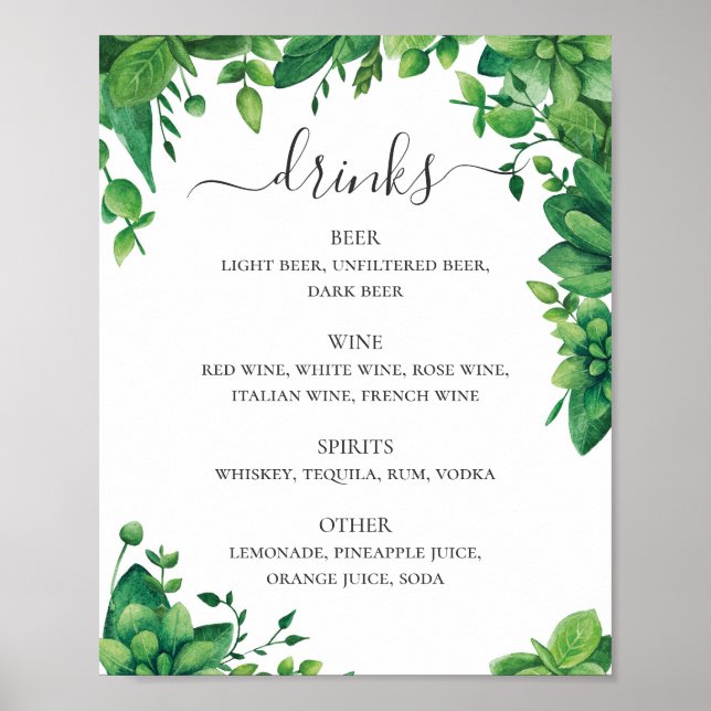 Poster Menu des boissons de mariage à la verdure aquarell (Devant)