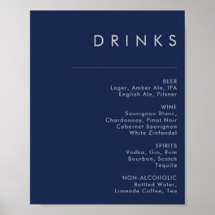 Poster Menu des boissons de mariage argent bleu marine mo