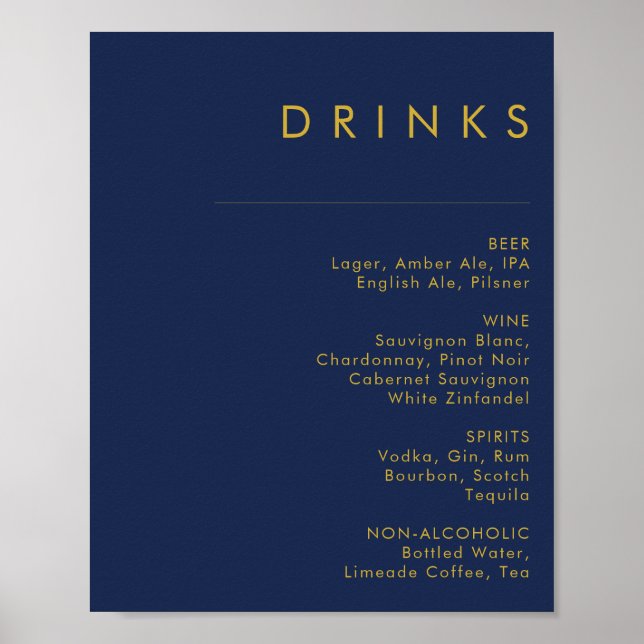 Poster Menu des boissons de Mariage bleu marine minimal m (Devant)