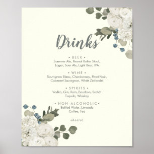 Poster Menu des boissons de mariage en ivoire   Floral d'