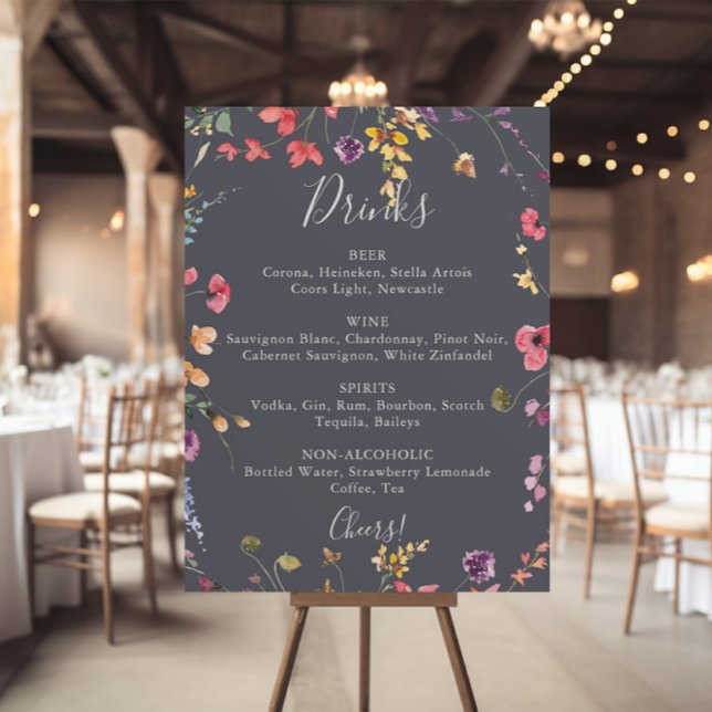 Poster Menu des boissons de mariage floral sauvage bleu c (Créateur téléchargé)