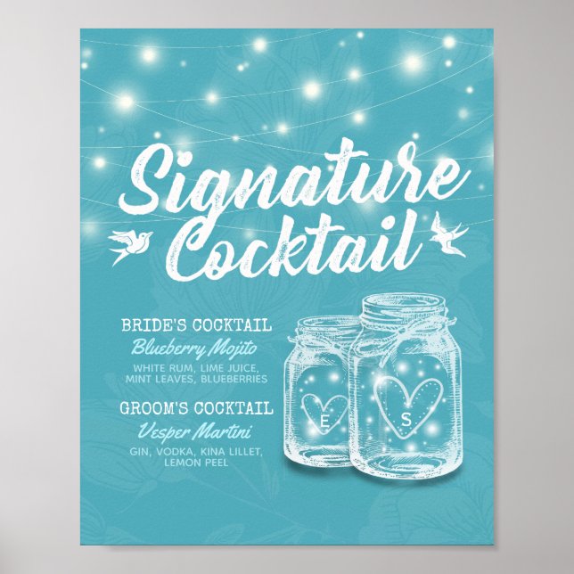 Poster Menu des boissons de signature de mariage floral b (Devant)