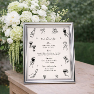 Poster Menu des Boissons du Bar de Mariage Dessiné à la M